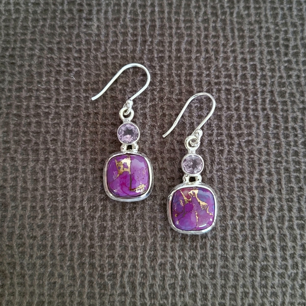 Shivam Square Shaped Purple💜 Copper Turquoise With Gold💛 Veins Earrings - Picture 10 of 16